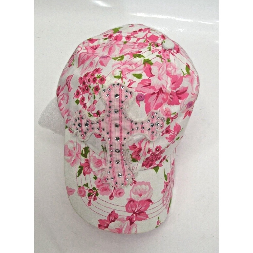 Floral Rhinestone Bling Cap Cross Design By M&F Western hook loop PINK RED